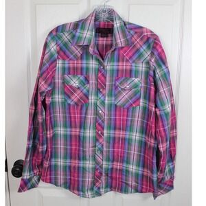 Cowgirl Legend Womens Large Pink Plaid Western Snap Long Sleeve Shirt Pearl Snap